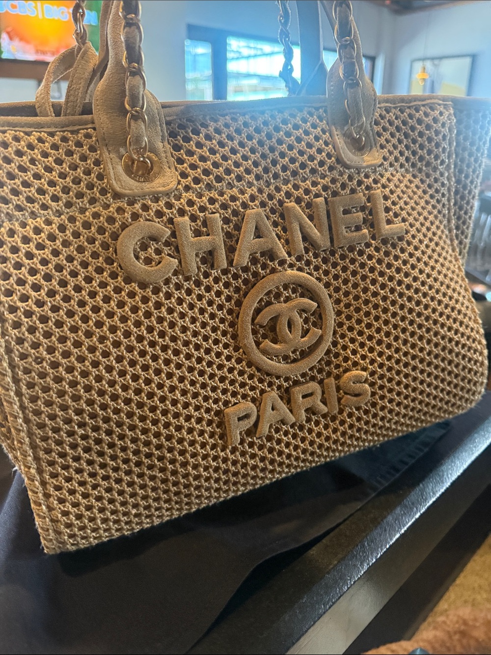 CHANEL Taupe Mesh Logo Tote with Raised CC Emblem